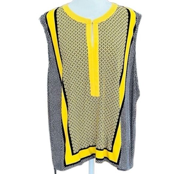 JONES STUDIO yellow/white/black patterned sleeveless top size 2X. - Picture 1 of 7